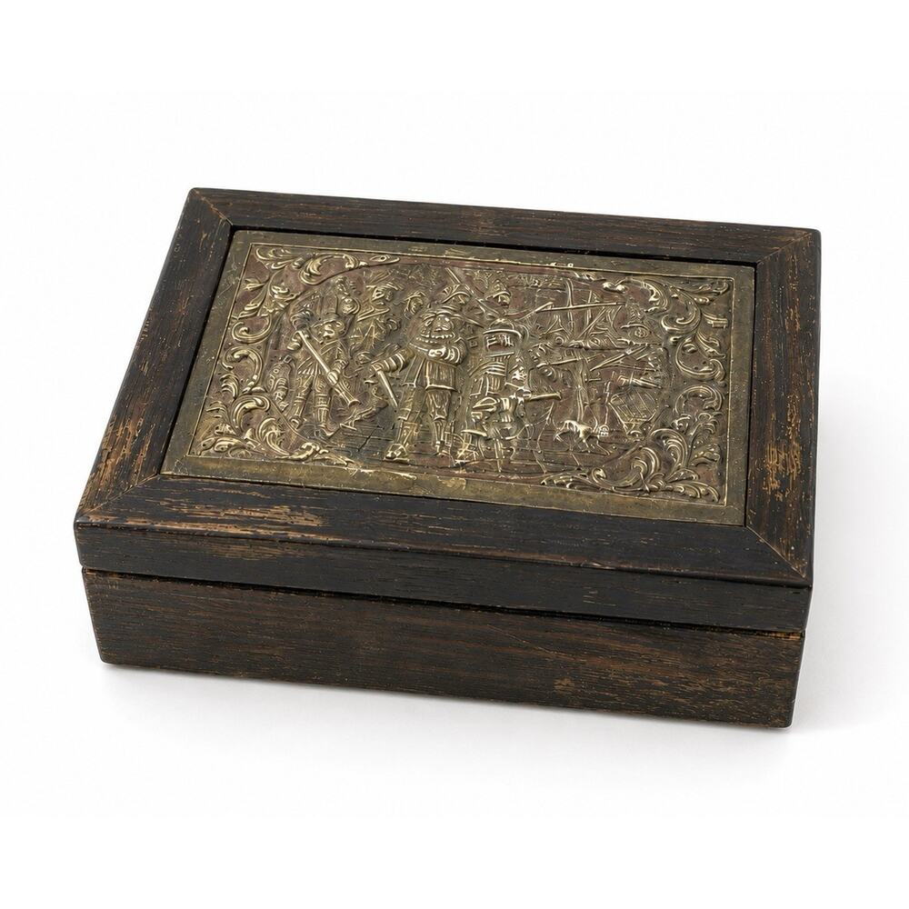 Vintage Wood Trinket Box Brass Medieval Tavern Scene Lid Folk Art Friendship Box